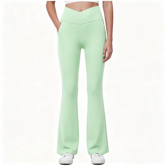 BCSIOAOI Girls Flare Pants,Cross V High Waist Stretch Flared Yoga Pants with Pockets Green 5-6 Years