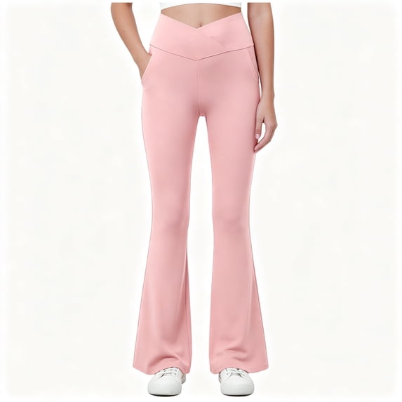 BCSIOAOI Girls Flare Pants,Cross V High Waist Stretch Flared Yoga Pants with Pockets Pink 9-10 Years