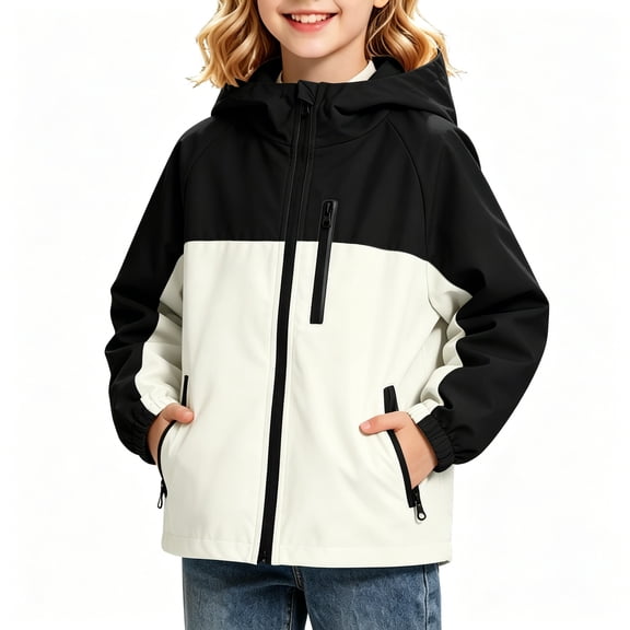 BCSIOAOI Girls Jacket,Color Block Hooded Waterproof Softshell Rain Jacket with Pockets Black 5-6 Years