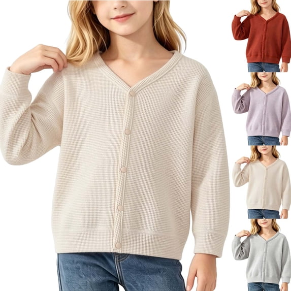 BCSIOAOI Girls Jacket,Cotton V Neck Waffle Knit Button Front Long Sleeve Casual Cardigan Sweater Beige 2-3t