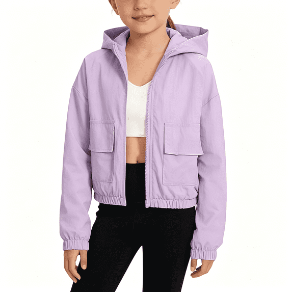 BCSIOAOI Girls Jacket,Hooded Full-Zip Elastic Hem Windbreaker Jacket with Flap Pockets Purple 8-9 Years