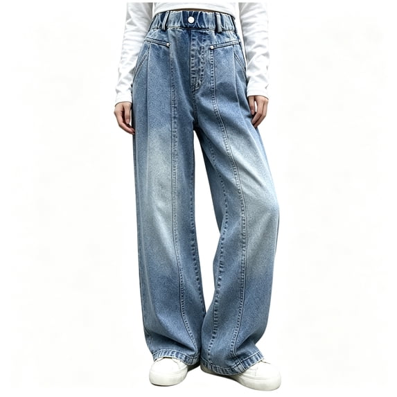 BCSIOAOI Girls Jeans,Cotton Elastic Waist High Waisted Wide Leg Pleated Casual Jeans Blue 5-6 Years