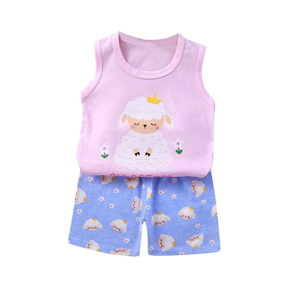 BCSIOAOI Girls Matching Sets Cotton Sheep Print Tank Top & Matching Shorts Summer Set Pink 2 T