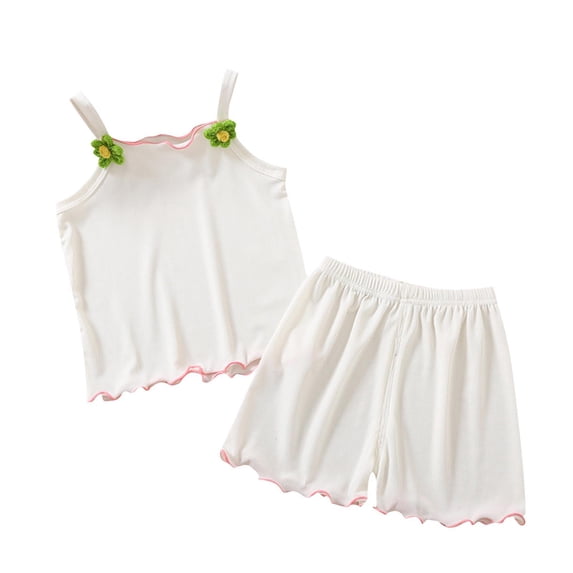 BCSIOAOI Girls Matching Sets Flower Decorated Cami & Matching Shorts Toddler Summer Set White 1 T