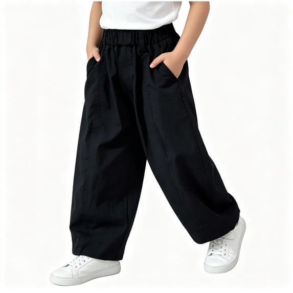BCSIOAOI Girls Pants,Cotton Elastic Waist Wide Leg Balloon Pants with Side Pockets Black 2-3t
