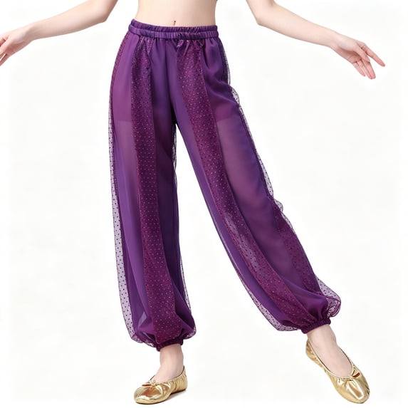 BCSIOAOI Girls Pants,Cotton Sheer Sequin Harem Dance Costume Pants Purple 11-12 Years