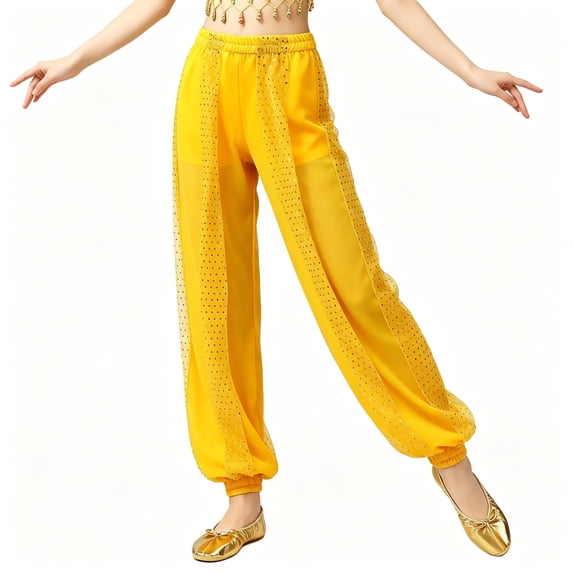BCSIOAOI Girls Pants,Cotton Sheer Sequin Harem Dance Costume Pants Yellow 5-6 Years