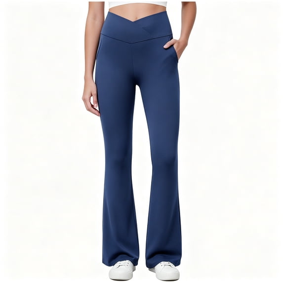 BCSIOAOI Girls Pants,Cross V High Waist Stretch Flared Yoga Pants with Pockets Dark Blue 9-10 Years