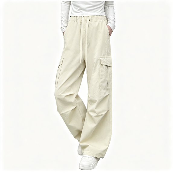 BCSIOAOI Girls Pants,Drawstring Elastic Waist Wide Leg Lightweight Cargo Pants Beige 5-6 Years