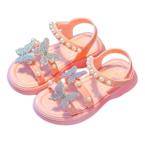 BCSIOAOI Girls Sandals,Rhinestone Butterfly Open-Toe Adjustable Pearl Strap Shoes Pink 10-10.5 Years