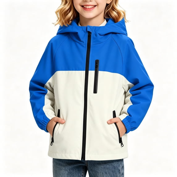 BCSIOAOI Girls Sweater,Color Block Hooded Waterproof Softshell Rain Jacket with Pockets Blue 9-10 Years