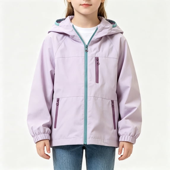 BCSIOAOI Girls Sweater,Hooded Elastic Cuffs Zipper Windproof Outdoor Jacket with Pockets Purple 5-6 Years