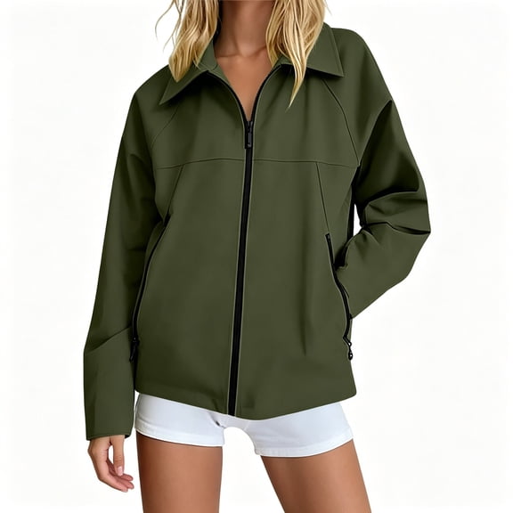 BCSIOAOI Jackets for Women,Collared Full Zip Waterproof Outdoor Hiking Jacket with Pockets Army Green L