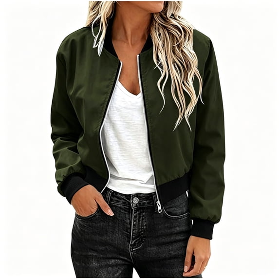 BCSIOAOI Jackets for Women,Full Zip Waterproof Thin Cropped Bomber Windbreaker Jacket with Pockets Army Green L