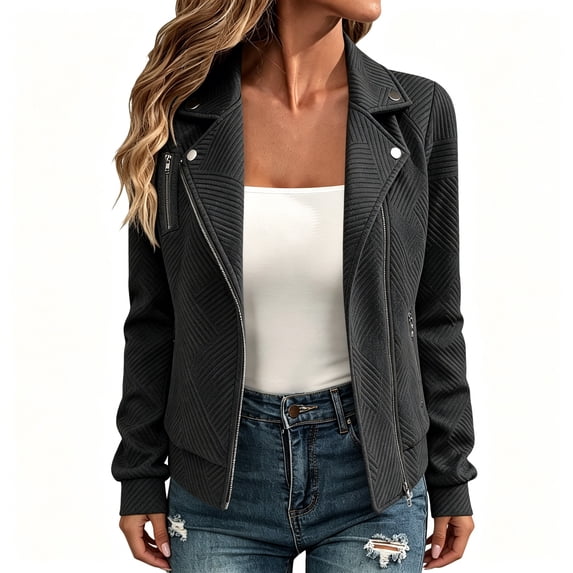 BCSIOAOI Jackets for Women,Solid Jacquard Textured Notched Lapel Moto Jacket with Pockets Black L