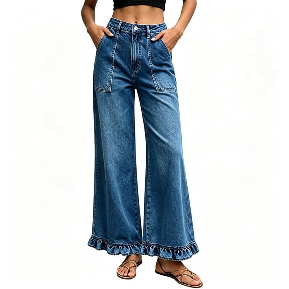 BCSIOAOI Jeans for Women,Denim High Waist Ruffle Ankle Hem Wide Leg Jeans with Pockets Blue L