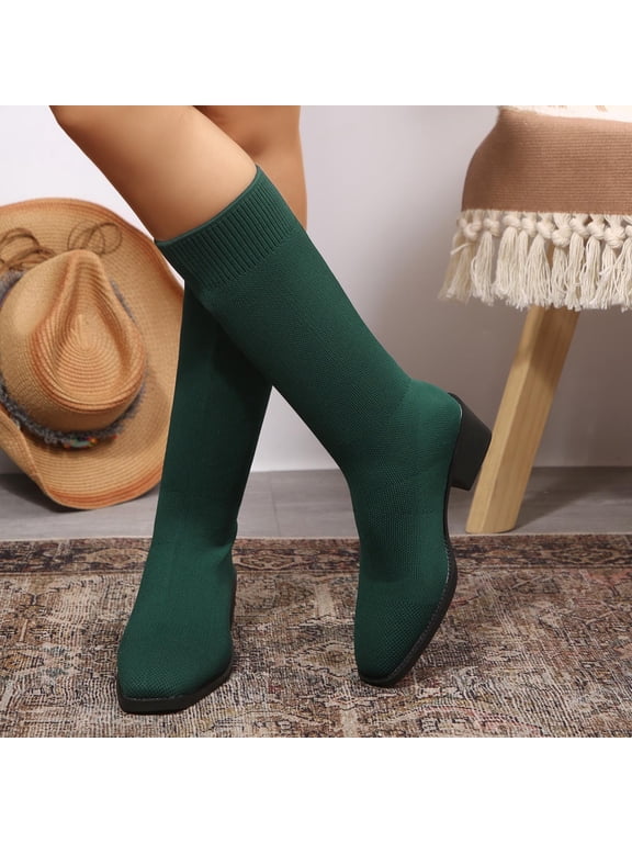 Ladies Boots,Stretch Breathable Mesh Block Heel Slip on Mid Calf Sock Boots Army Green 6.5