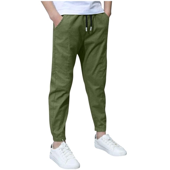 BCSIOAOI Long Pants for Boys,Elastic Cuffs Drawstring Solid Jogger Pants with Pockets Army Green 8-9 Years