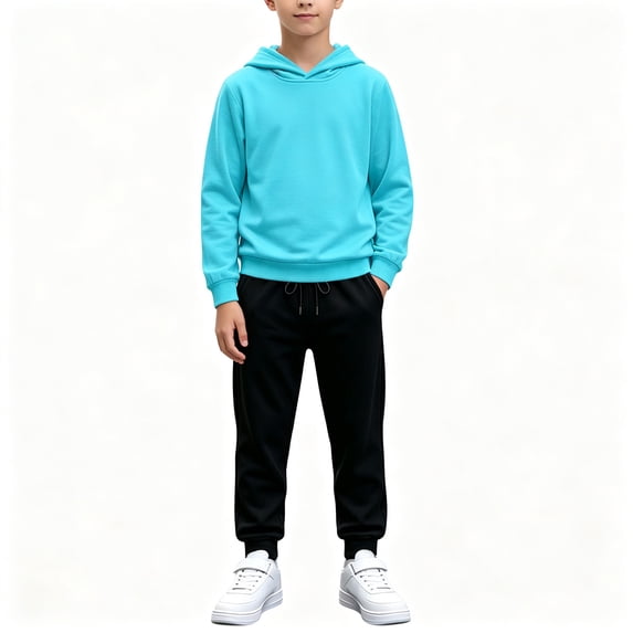 BCSIOAOI Matching Sets for Boys,Solid Pullover Hoodie Drawstring Sweatpants Matching Set Light Blue 14-15 Years