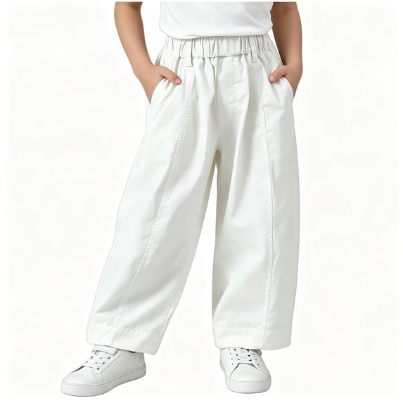 BCSIOAOI Pants Girls,Cotton Elastic Waist Wide Leg Balloon Pants with Side Pockets White 7-8 Years