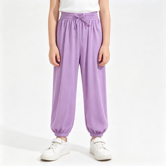 BCSIOAOI Pants for Girls,Breathable Solid Elastic Waist Drawstring Cuffed Ankles Jogger Pants Purple 9-10 Years