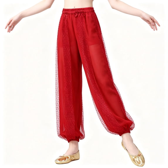 BCSIOAOI Pants for Girls,Cotton Sheer Sequin Harem Dance Costume Pants Red 5-6 Years