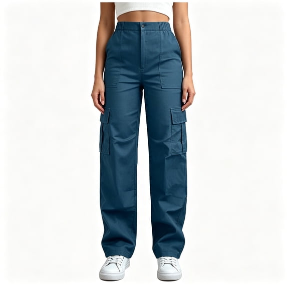 BCSIOAOI Pants for Women,High Waist Straight Leg Loose Cargo Pants with Multi Pockets Blue 3XL