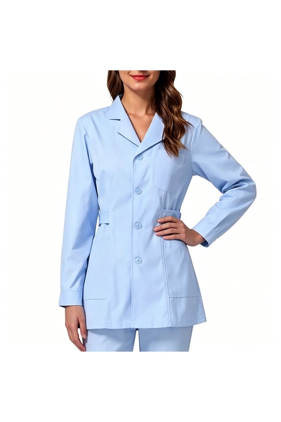 Scrubs for Women,Lapel Collar Long Sleeve Button Front Fitted Medical Uniform Jacket Blue L