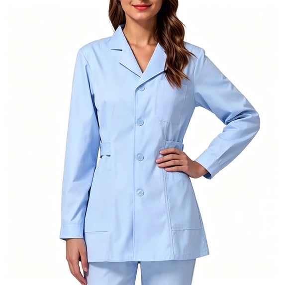 BCSIOAOI Scrubs for Women,Lapel Collar Long Sleeve Button Front Fitted Medical Uniform Jacket Blue L