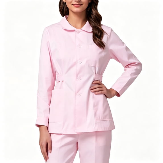 BCSIOAOI Scrubs for Women,Lapel Collar Long Sleeve Button Front Fitted Medical Uniform Jacket Pink 2XL