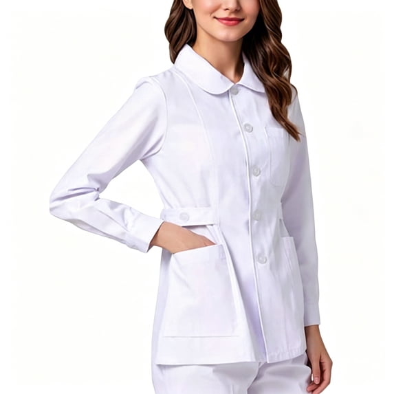 BCSIOAOI Scrubs for Women,Lapel Collar Long Sleeve Button Front Fitted Medical Uniform Jacket White 2XL