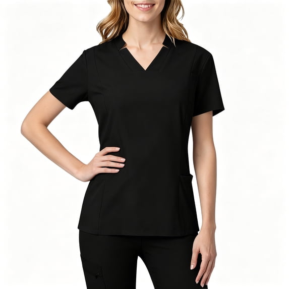 BCSIOAOI Scrubs for Women,Short Sleeve Notch Split V Neck Stretch Fitted Medical Scrub with Pockets Black L