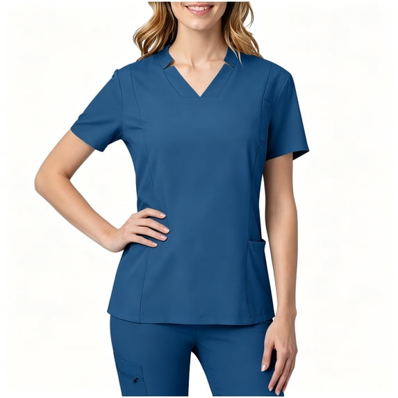BCSIOAOI Scrubs for Women,Short Sleeve Notch Split V Neck Stretch Fitted Medical Scrub with Pockets Navy L
