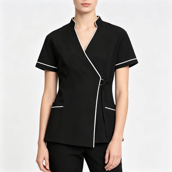 BCSIOAOI Scrubs for Women,Wrap Cross V Neck Short Sleeve Side Tie Adjustable Fitted Medical Tops Black L