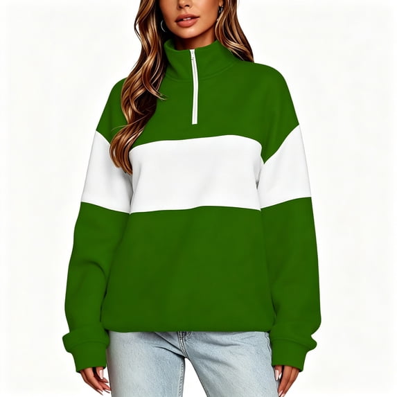 BCSIOAOI Sweatshirts for Women,Stand Collar Half Zip Color Block Loose Sweatshirt Army Green L