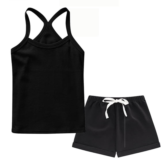 BCSIOAOI Toddler 2 Piece Outfit for Girls,Cotton Solid Cami Top and Drawstring Shorts Set Black 2-3t
