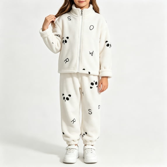 BCSIOAOI Toddler Girls 2 Piece Outfit,Polar Fleece Stand Collar Full Zip Printed Jacket Jogger Pants Warm Set White 1-2 T