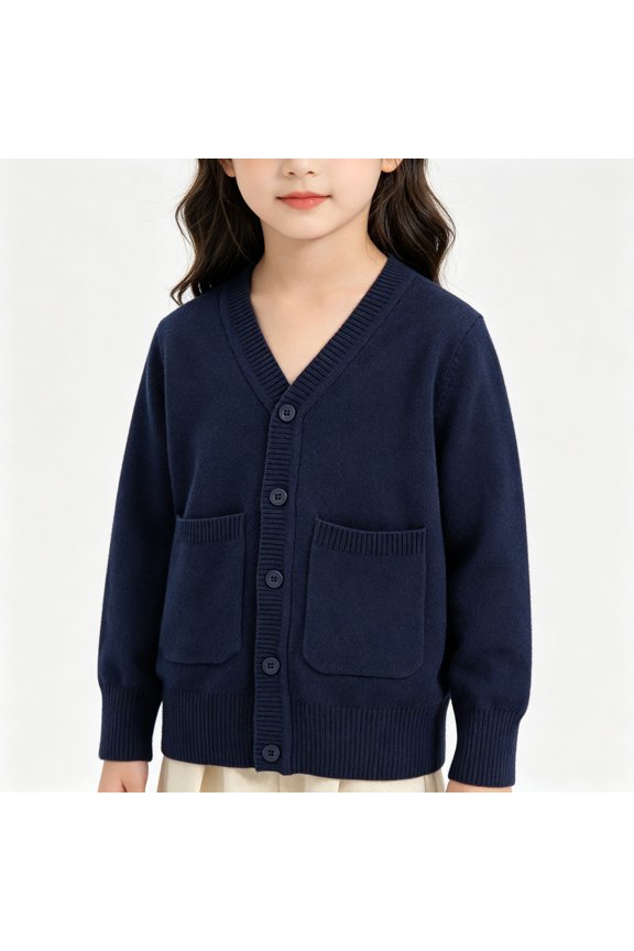 Toddler Girls Coat,V-Neck Ribbed Cuffs Button Front Knit Cardigan Sweater with Pockets Navy 3-4t