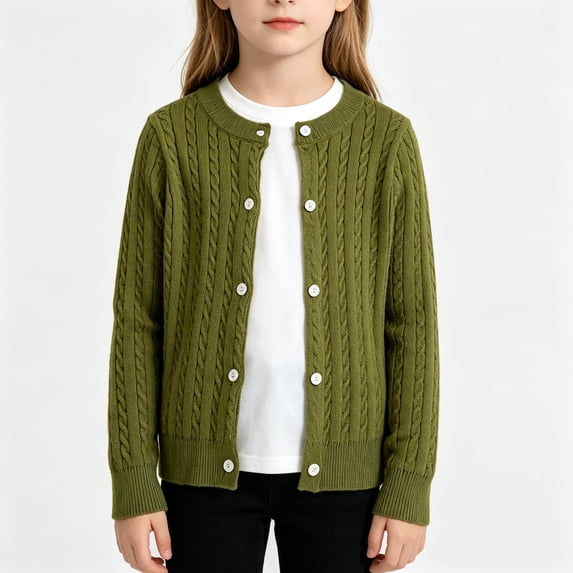 BCSIOAOI Toddler Girls Jacket,Crew Neck Cable Knit Button Front Long Sleeve Knit Cardigan Sweater Green 2-3t