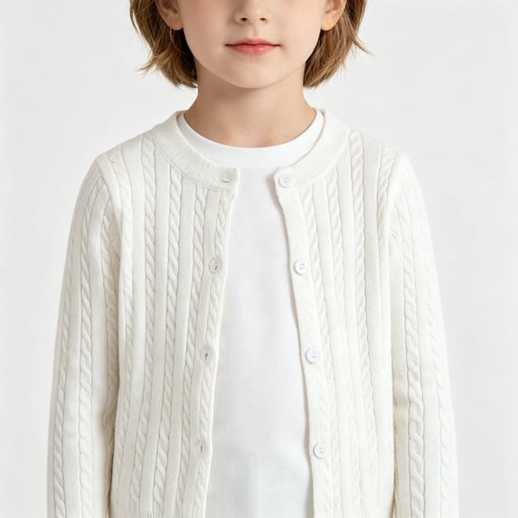 BCSIOAOI Toddler Girls Jacket,Crew Neck Cable Knit Button Front Long Sleeve Knit Cardigan Sweater White 1-2t