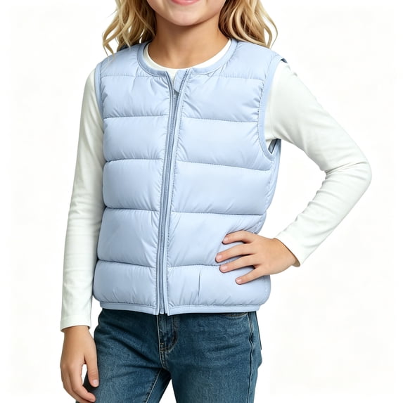 BCSIOAOI Toddler Girls Puffer Vest,Crew Neck Full Zip Padded Sleeveless Lightweight Kids Vest Light Blue 2-3t
