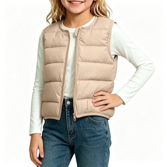 BCSIOAOI Toddler Girls Vest,Crew Neck Full Zip Padded Sleeveless Lightweight Kids Vest Khaki 1-2t