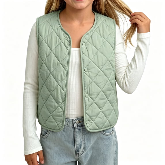 BCSIOAOI Toddler Girls Vest,Fleece Lined Quilted Sleeveless Snap Button Lightweight Vest Green 2-3t