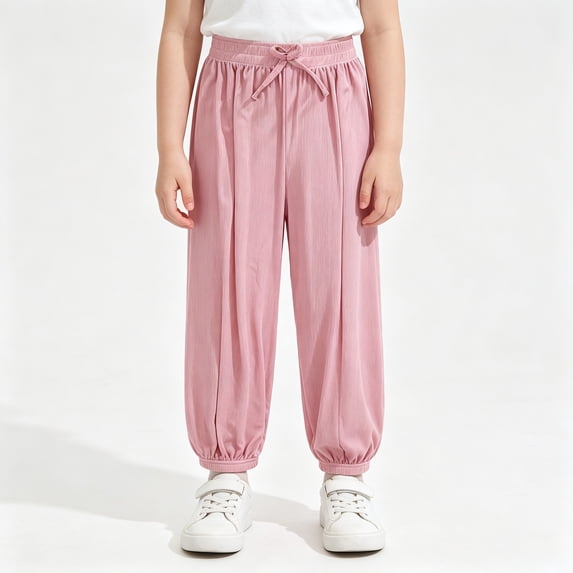 BCSIOAOI Toddler Pants for Girls,Breathable Solid Elastic Waist Drawstring Cuffed Ankles Jogger Pants Pink 3-4t