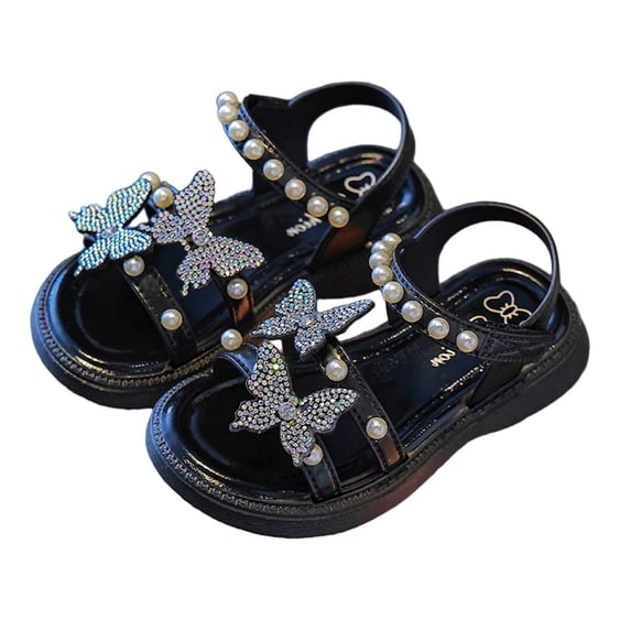 BCSIOAOI Toddler Sandals Girls,Rhinestone Butterfly Open-Toe Adjustable Pearl Strap Shoes Black 3.5-4t