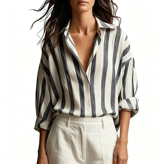 BCSIOAOI Tops for Women,Lapel Collar Vertical Stripe Button Front Long Sleeve Shirts Gray XL