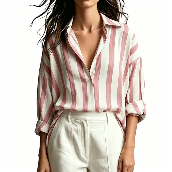 BCSIOAOI Tops for Women,Lapel Collar Vertical Stripe Button Front Long Sleeve Shirts Pink L