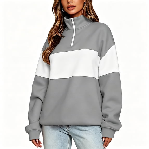 BCSIOAOI Tops for Women,Stand Collar Half Zip Color Block Loose Sweatshirt Gray S