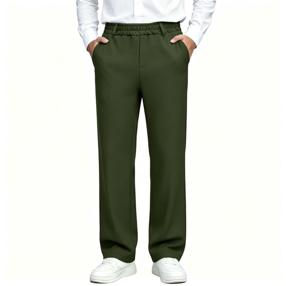 BCSIOAOI Uniform Pants for Boys,Elastic Waist Straight Leg Back to School Dress Pants Army Green 11-12 Years