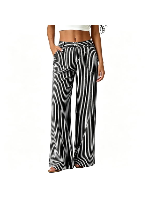 Women Pants,Cotton Vertical Stripe Button Zipper Fly Wide Leg Pants with Pockets Black 2XL